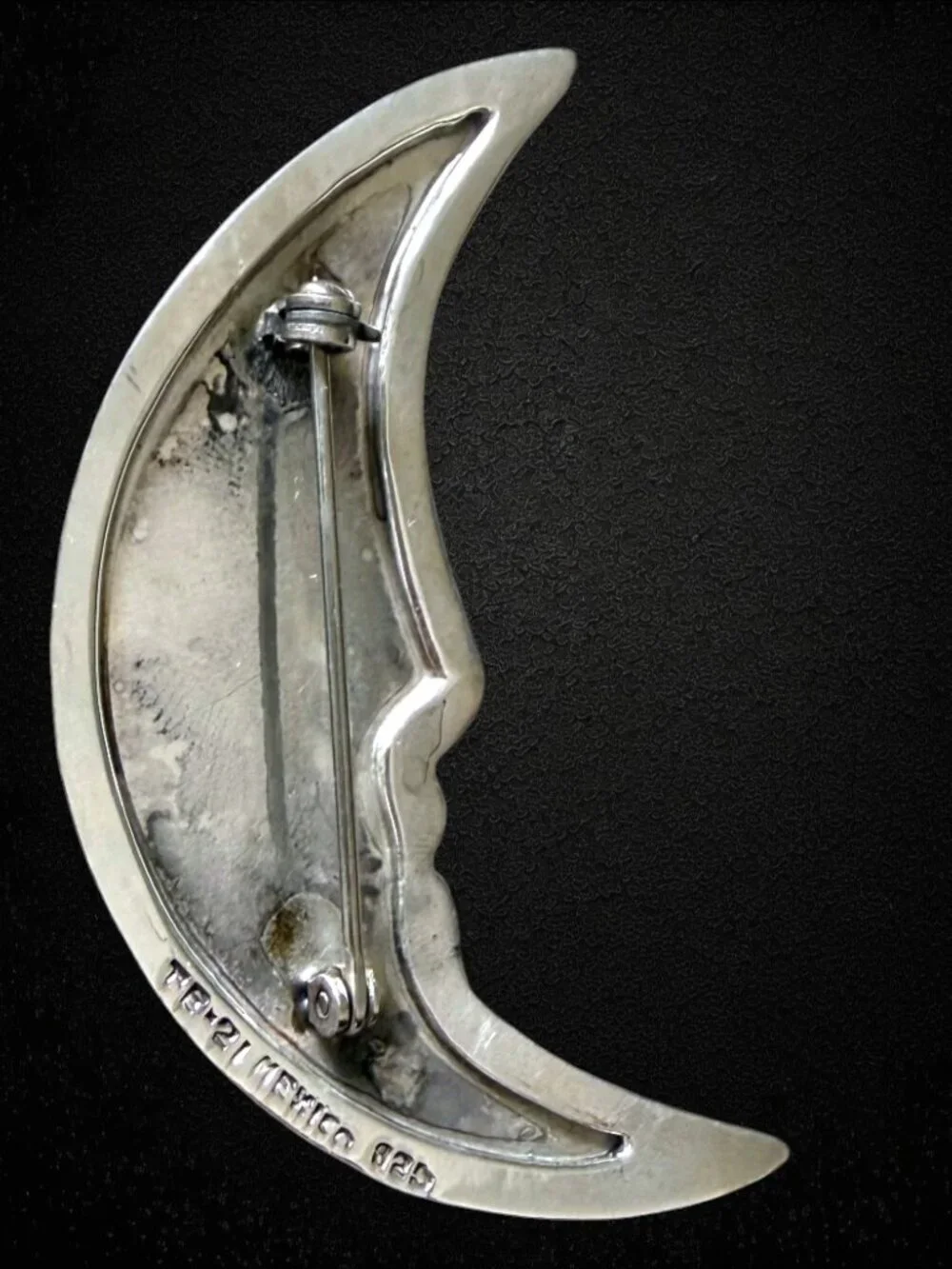 Vintage Taxco Mexico 925 Sterling Silver Crescent Moon Face Brooch TB-21 15.8g